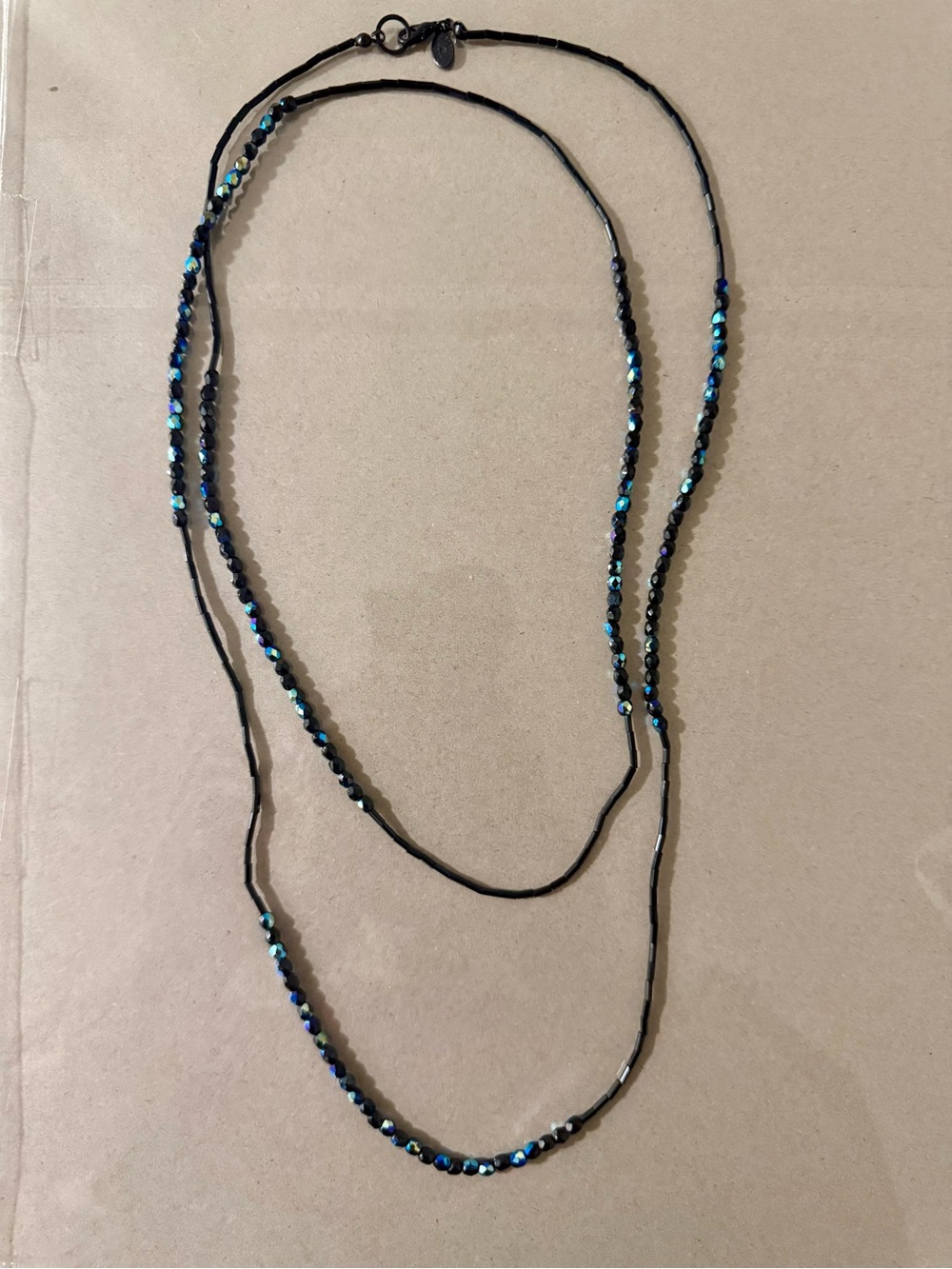 Vintage Robert Rose Beaded Long Length Necklace - Black and Iridescent Blues